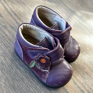 Dark purple leather booties for toddler girl.